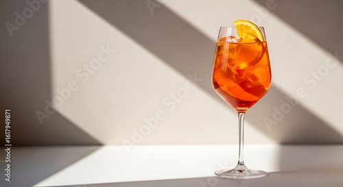 Refreshing aperol spritz cocktail with orange slice and ice in a tall glass