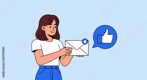 Illustration of a person holding a letter with a notification bubble and a thumbs-up icon