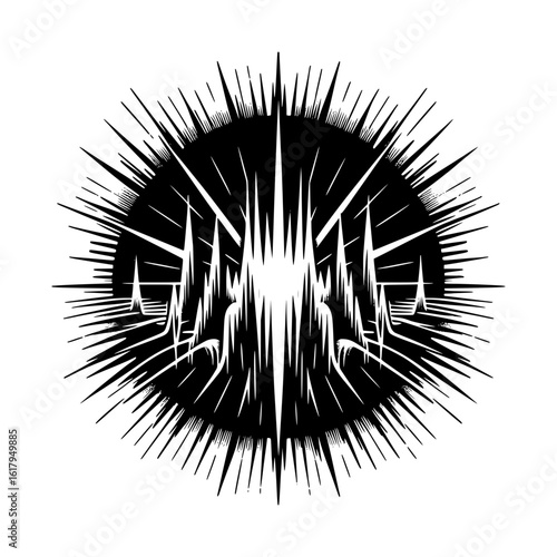 Abstract black and white spiky circular design with intense light burst