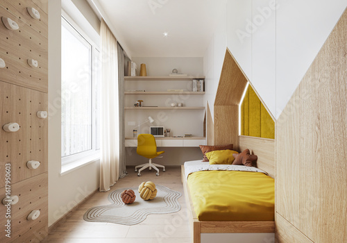 Interior of a modern small Scandinavian children´s room showcase. Comfortable hygge child room with yellow decoration.