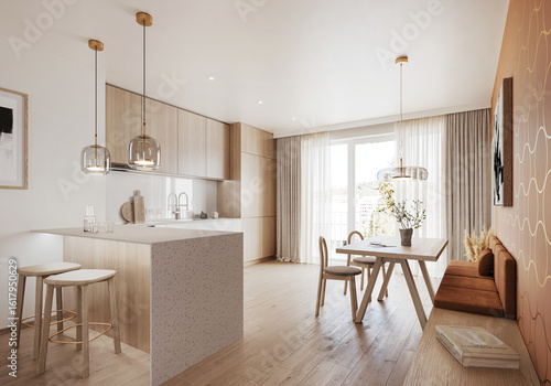 Interior of a modern small Scandinavian dining room showcase. Comfortable hygge flat with orange decoration.