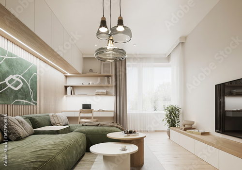 Interior of a modern small Scandinavian living room showcase. Comfortable hygge flat with green decoration.