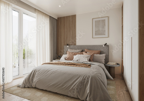 Interior of a modern Scandinavian bedroom showcase. Comfortable hygge bedroom with powdery decoration.