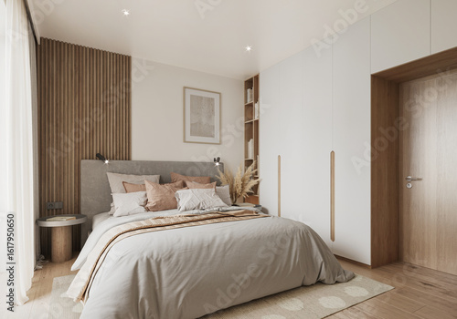 Interior of a modern Scandinavian bedroom showcase. Comfortable hygge bedroom with powdery decoration.