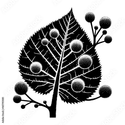 Stylized black and white tree with spherical fruits or seeds