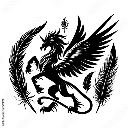 Mythical black griffin with majestic wings and feathers