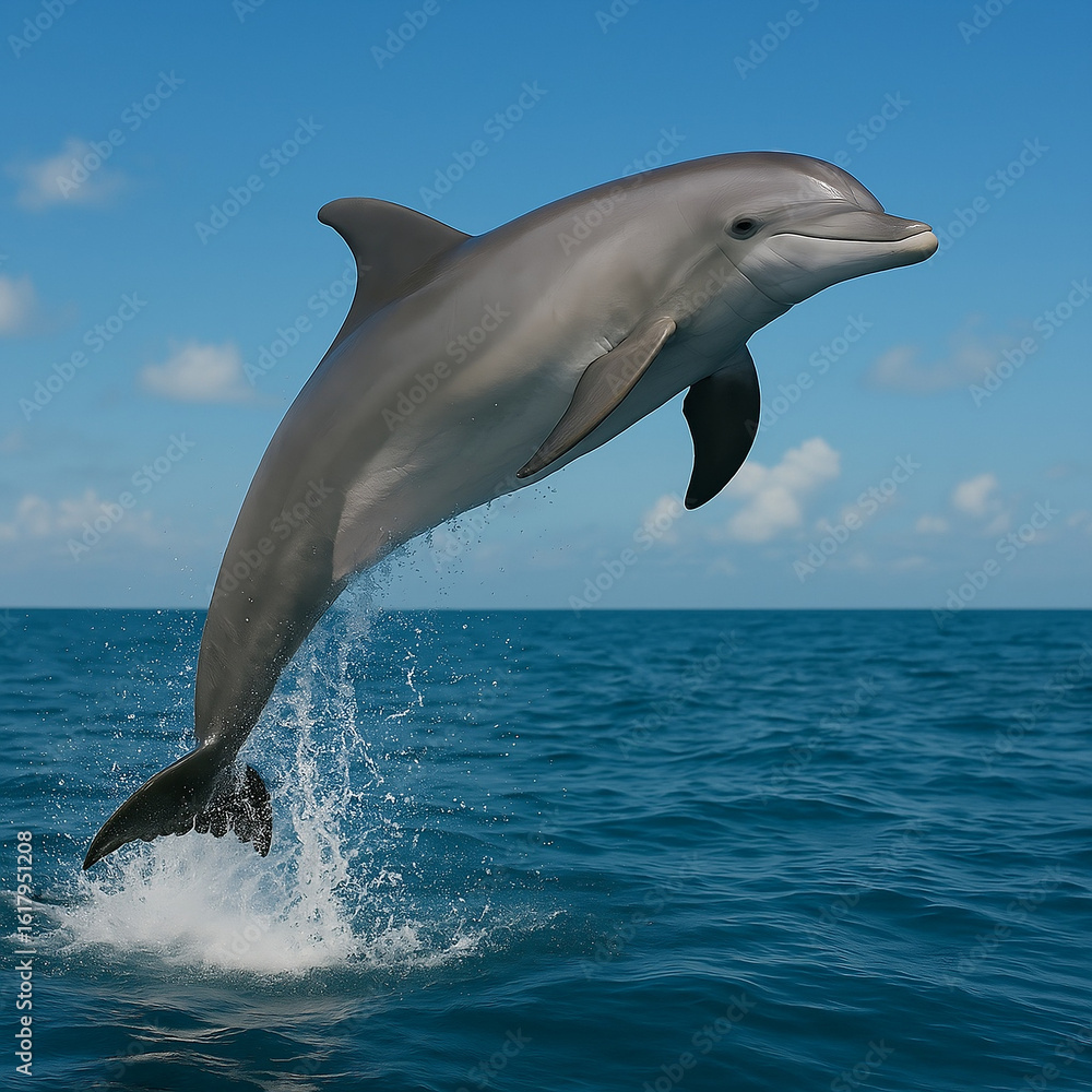 Fototapeta premium A bottlenose dolphin leaps joyfully from the ocean waves under a blue sky