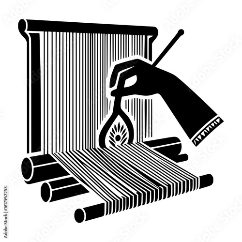 Silhouette of a hand weaving on a traditional loom with intricate threads
