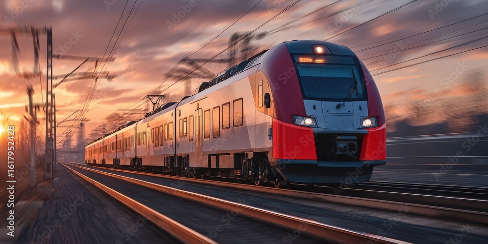 Naklejka premium High-Speed Passenger Train in Motion at Sunset with Railway Station and Rural Landscape