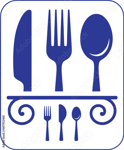 Blue silverware and cutlery icons with decorative flourish fork knife