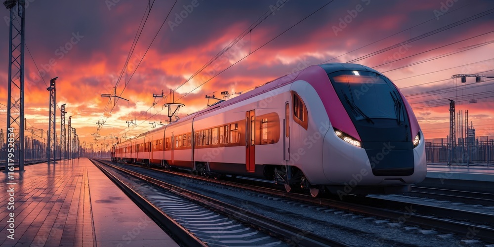 Naklejka premium High-Speed Train at Railway Station During Sunset