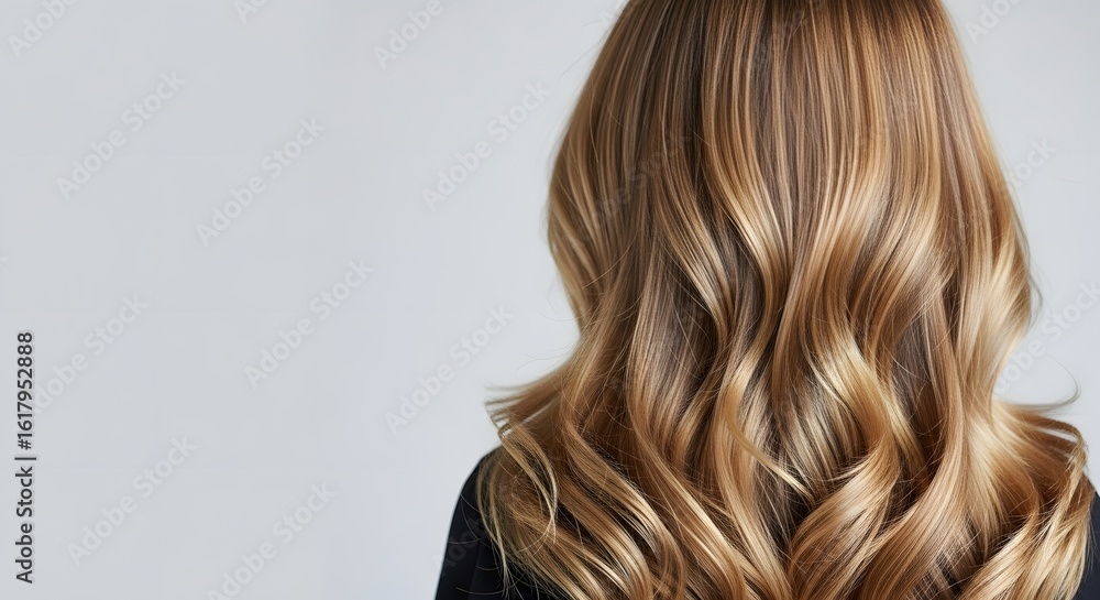 Fototapeta premium Close up of a woman s long wavy blonde hair from behind against a light background