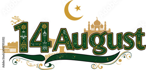 14 August Pakistan Independence Day Vector – Decorative Typography with Gold Ornaments and Historic Silhouette Landmarks