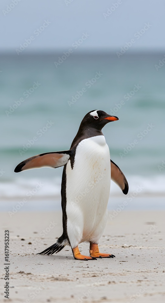 Fototapeta premium white belly, orange feet. King Penguin Aptenodytes patagonicus Chicks in Creche in the rain.a Gentoo penguin standing on a sandy beach, wings outstretched and one leg raised. penguin has a black head,