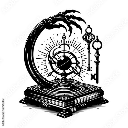 Gothic clockwork with monster hand and ornate keys