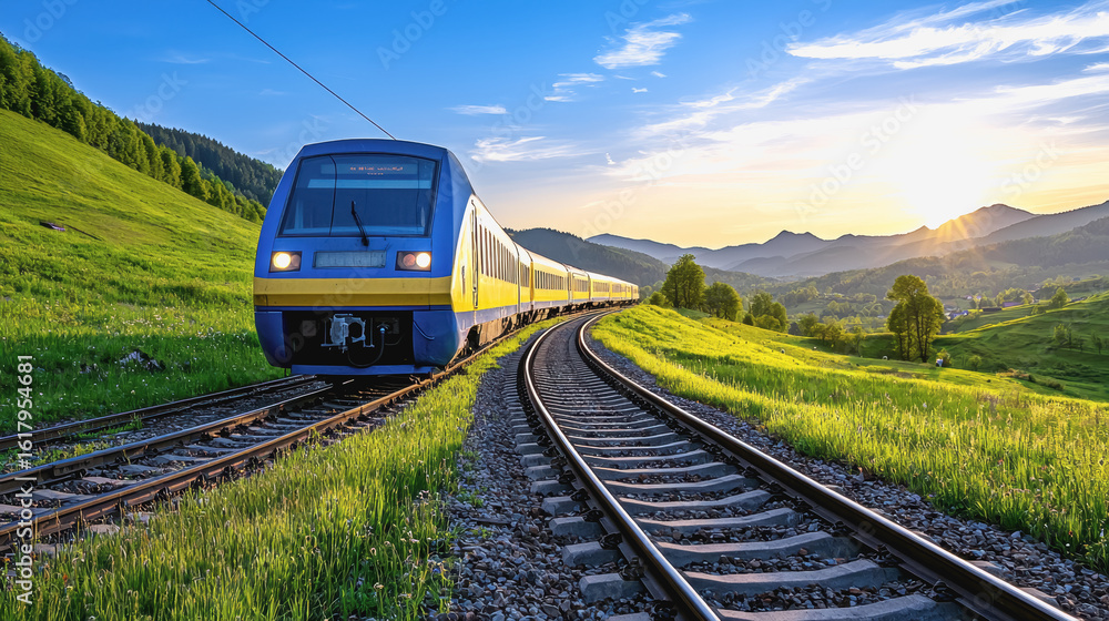 Naklejka premium Minimalistic train design beautifully captured while gliding down the tracks with a clear blue sky above