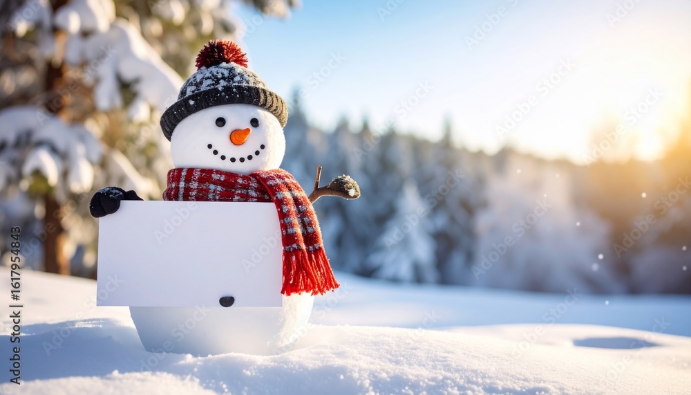 Obraz premium Winter Wonderland: Snowman Holding a Blank Sign in Snowy Forest