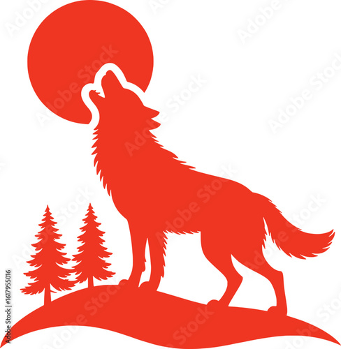 Orange wolf howling at moon with pine trees night forest