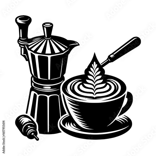 Vintage moka pot and latte art coffee cup illustration