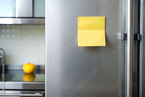 Yellow sticky note attached to a stainless steel refrigerator door