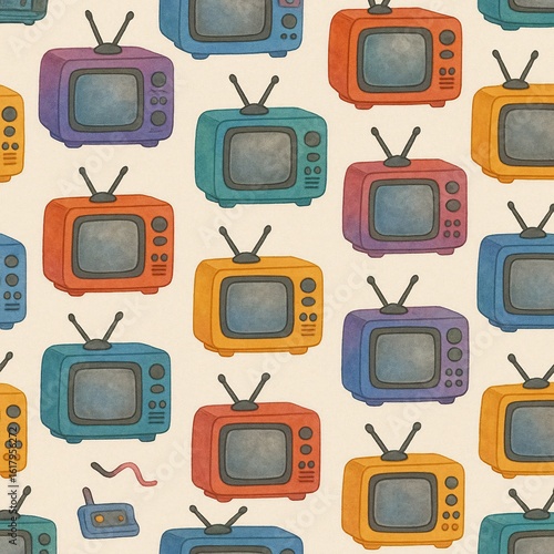 Retro television pattern in vibrant watercolor style, perfect for nostalgic and media-themed designs