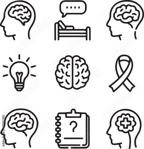 Mental Health and Psychology Icon Set A collection of line art icons representing mental health therapy neurological concepts and psychological well being in a minimalist