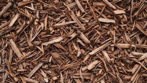 Close-up of textured wood mulch, showcasing a variety of brown tones and organic materials
