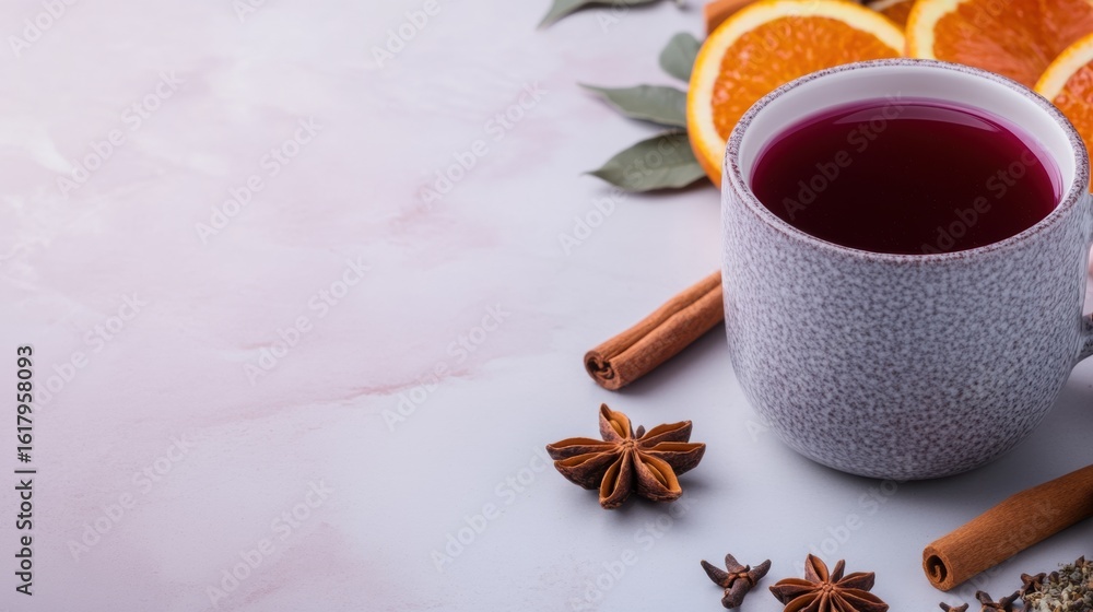 Fototapeta premium Warm spiced drink with citrus and herbs on a light background