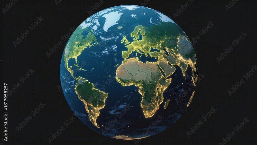 Fototapeta premium Glowing Earth from space at night showcasing city lights and continents with a dark background