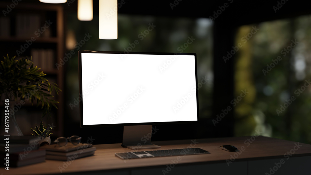 Fototapeta premium Blank screen computer with books aside pot plants on wooden table under hanging lamp in dim lit room