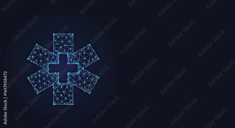 Obraz premium Blue polygonal medical star symbol on dark blue background