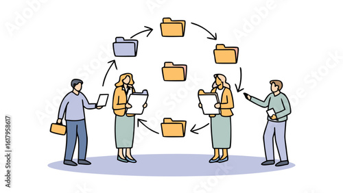 People exchanging files in a circular workflow with folders and documents for collaboration and sharing