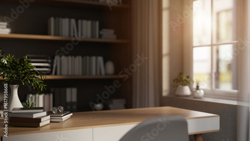 Wallpaper Mural Glasses on books and flower vase on wooden table in room with bookshelf and sunlight through window. Torontodigital.ca