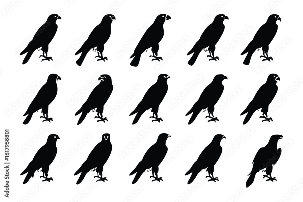 Naklejka premium Black Birds Silhouette: A meticulously crafted arrangement showcasing numerous silhouettes of a majestic bird in poised, elegant, and artistic posture.