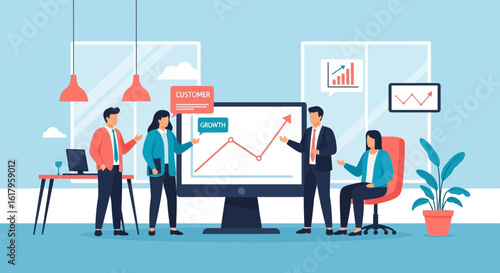 Team Analyzing Corporate Growth Strategy Data In Office Presentation
