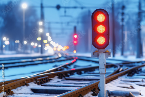 Stop light on a train track signaling caution for approaching trains at a critical crossing area for safety
