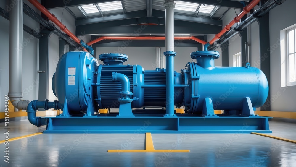 Industrial pump machinery in a spacious, well-lit factory with blue and gray tones Industrial pump machinery in a spacious, well-lit factory with blue and gray tones