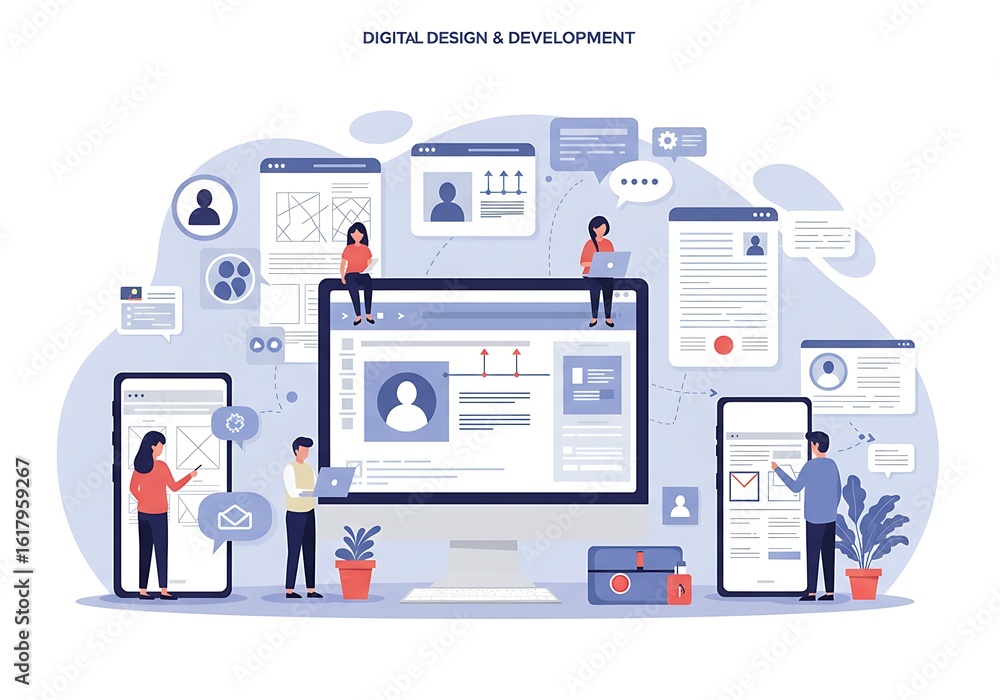 Illustration of digital design and development process with devices and people Illustration of digital design and development process with devices and people