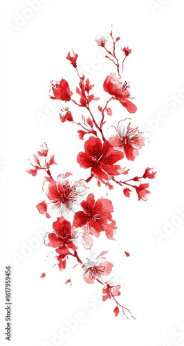Delicate red cherry blossoms on white background