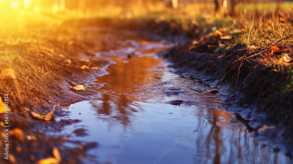 Obraz premium Sparkling water flows through a peaceful autumn landscape at sunset