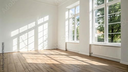 Wallpaper Mural Sunlit empty room with hardwood floor white walls and large windows showing green trees Torontodigital.ca