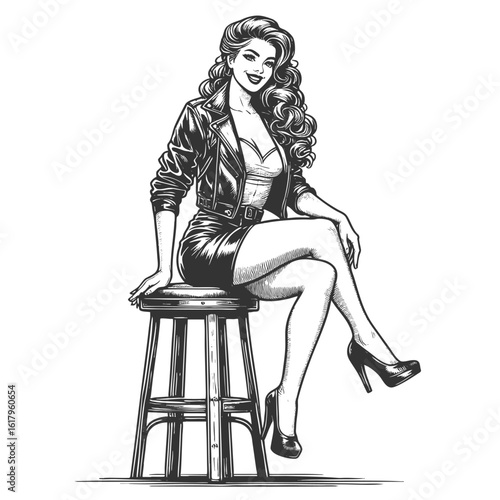 glamorous woman with curled hair and high heels, sitting on a wooden chair in a flirty pose sketch engraving generative ai fictional character vector illustration. Scratch board. Black and white.