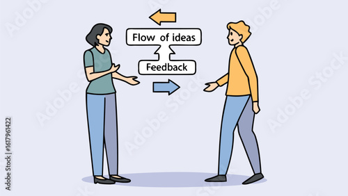 Illustration depicting two people exchanging ideas and feedback with arrows indicating the flow of communication