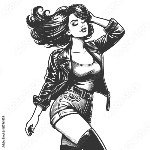 woman in a leather jacket, tube top, and shorts with flowing bob hairstyle and bold attitude sketch engraving generative ai fictional character vector illustration. Scratch board. Black and white.
