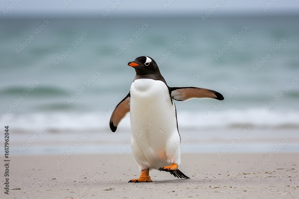 Naklejka premium orange feet. King Penguin Aptenodytes patagonicus Chicks in Creche in the rain.a Gentoo penguin standing on a sandy beach, wings outstretched and one leg raised. penguin has a black head, white belly,