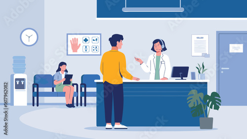 Reception at Health Center: A patient interacting with a receptionist at a medical facility reception desk, depicting a scene of healthcare and patient care.