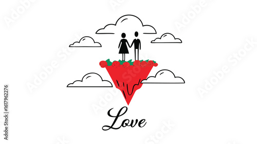 Couple standing on a floating island surrounded by clouds with the word love written below it
