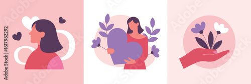 Harmony of Elements: Three illustrated panels exude warmth and empathy, with elegant figures embracing a heart and nurturing delicate blossoms, rendered in soft hues and graceful compositions.