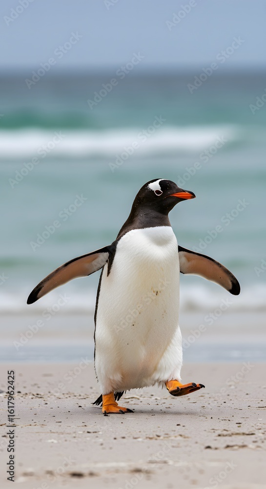Fototapeta premium orange feet. King Penguin Aptenodytes patagonicus Chicks in Creche in the rain.a Gentoo penguin standing on a sandy beach, wings outstretched and one leg raised. penguin has a black head, white belly,