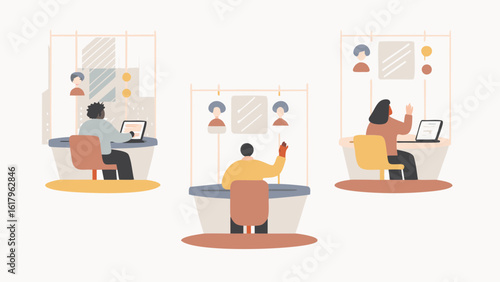 Illustration of three people working at desks with laptops and decorative elements in a light setting